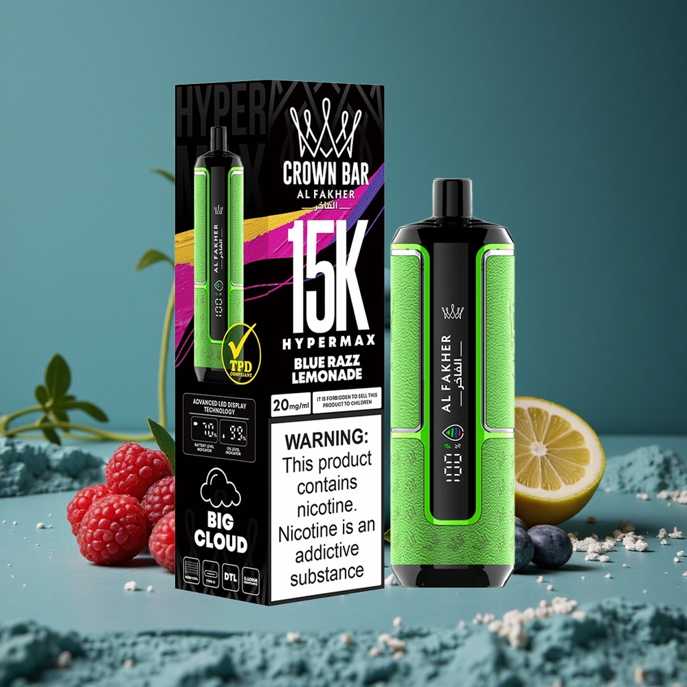 Al Fakher Crown Bar 15K Hypermax Engångs E-Cigg Blå Hallon Lemonad 22ml Sverige wholesale
