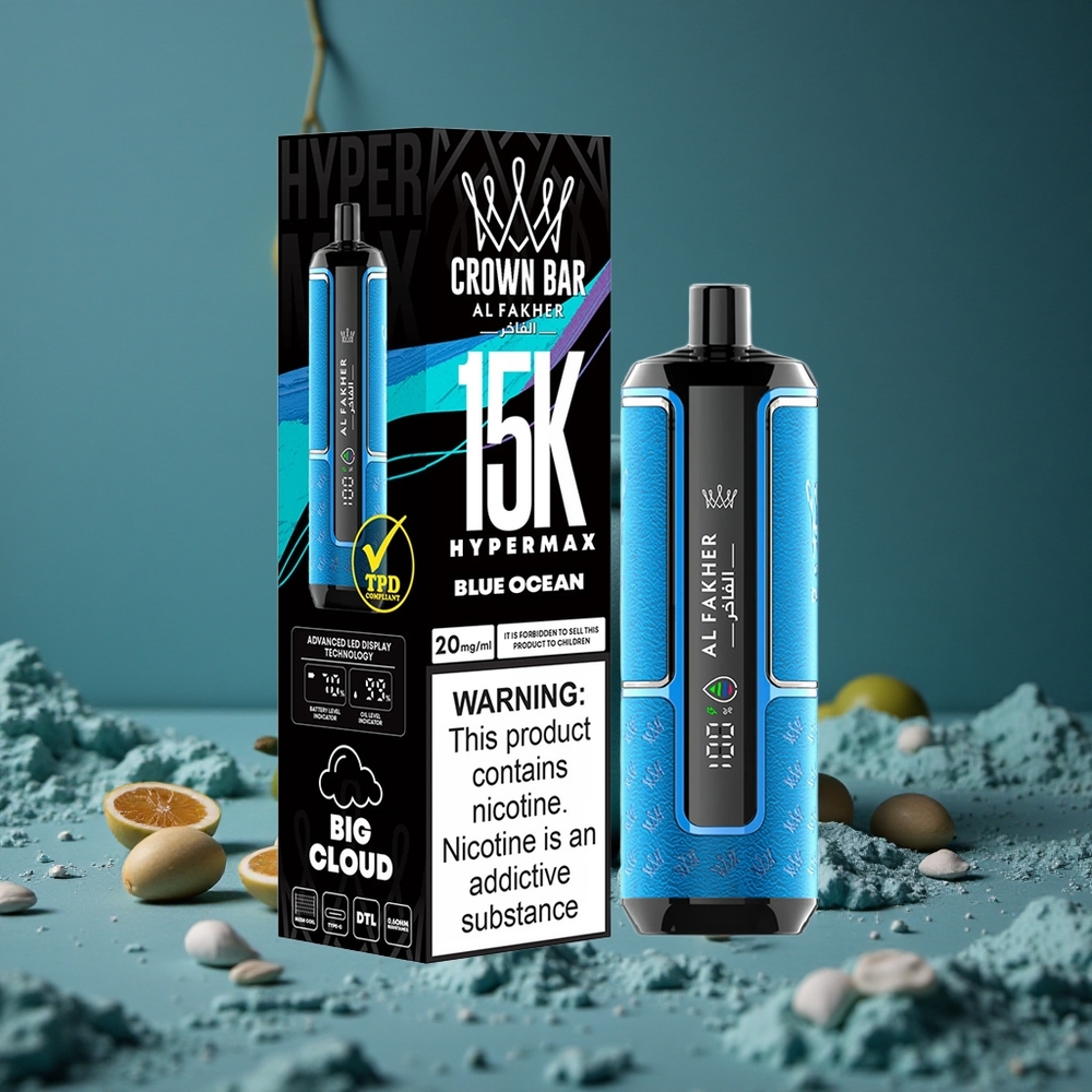Al Fakher Crown Bar 15K Hypermax Engångs Vape Kit Blå Hav (22ml, 15 000 puffar) Sweden wholesale