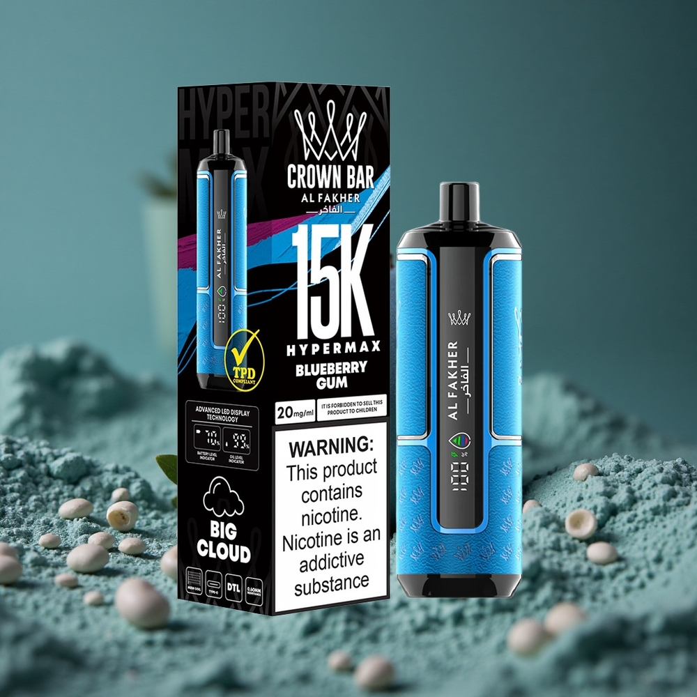 Al Fakher Crown Bar 15K Hypermax Engångs Vape Kit Blåbärstuggummi 22ml 15 000 puffar Sverige wholesale
