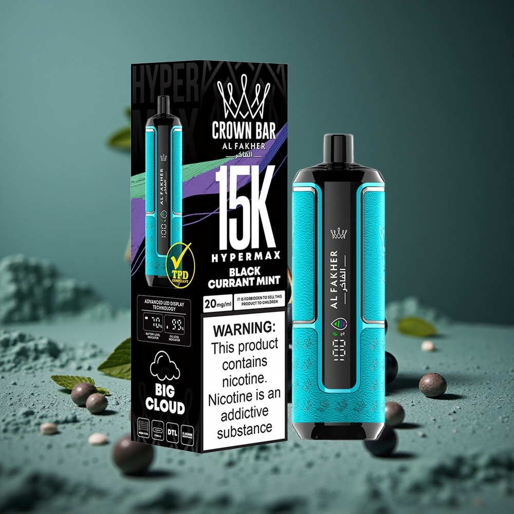 Al Fakher Crown Bar 15K Hypermax Engångs-vape Kit Svartvinbär Mynta 15 000 puffar Sverige wholesale