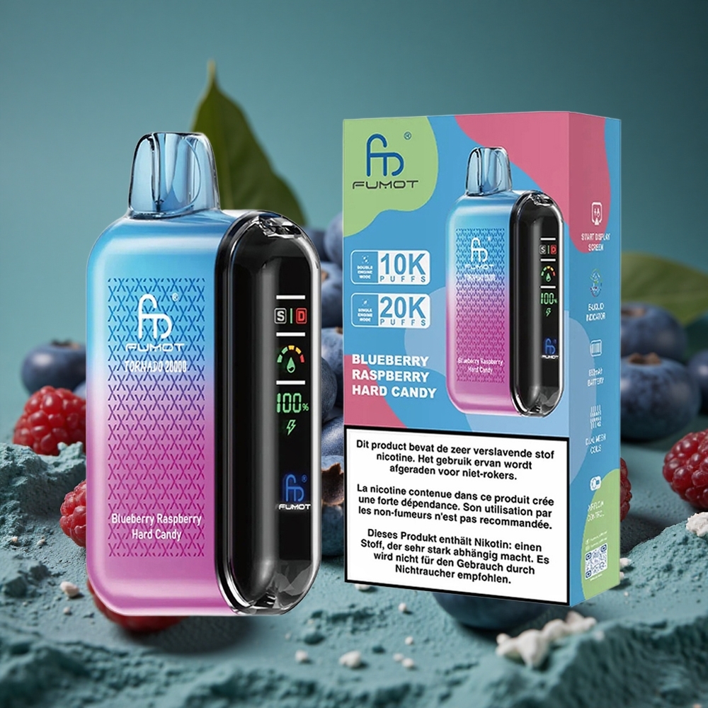 Fumot Tornado 20000 Puffs Blåbär Hallon Hard Candy Smart Display Sverige Wholesale